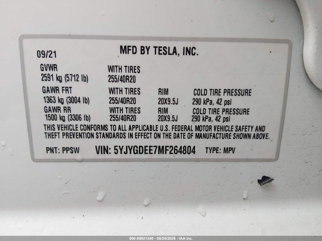 5YJYGDEE7MF264804 2021 TESLA MODEL Y photo no. 9