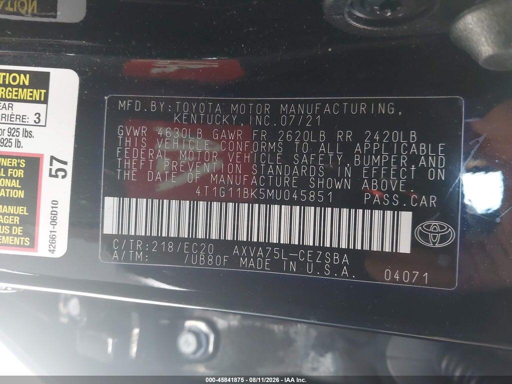 4T1G11BK5MU045851 2021 TOYOTA CAMRY photo no. 9