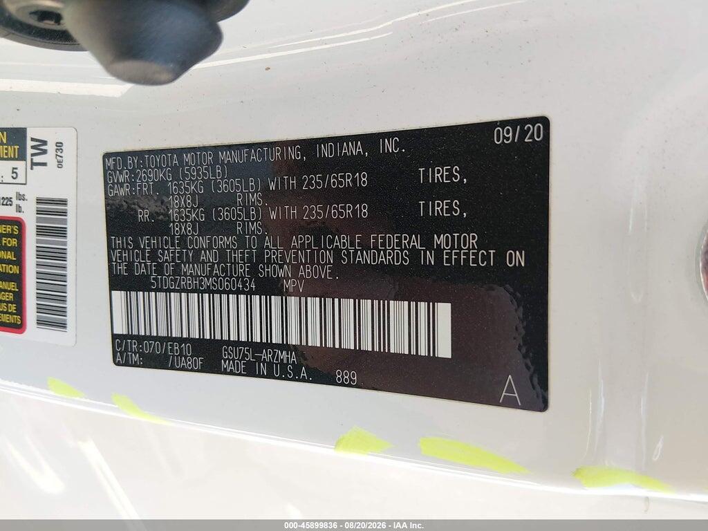 5TDGZRBH3MS060434 2021 TOYOTA HIGHLANDER photo no. 9