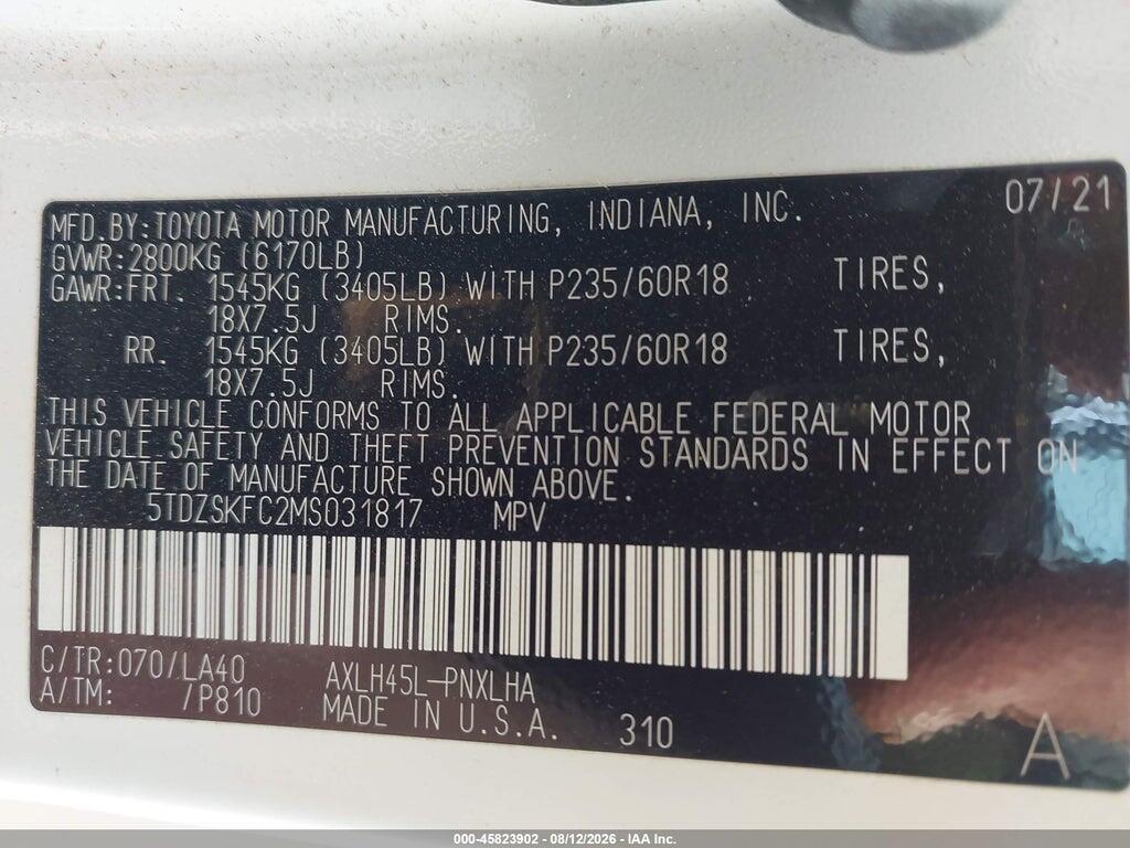 5TDZSKFC2MS031817 2021 TOYOTA SIENNA photo no. 9
