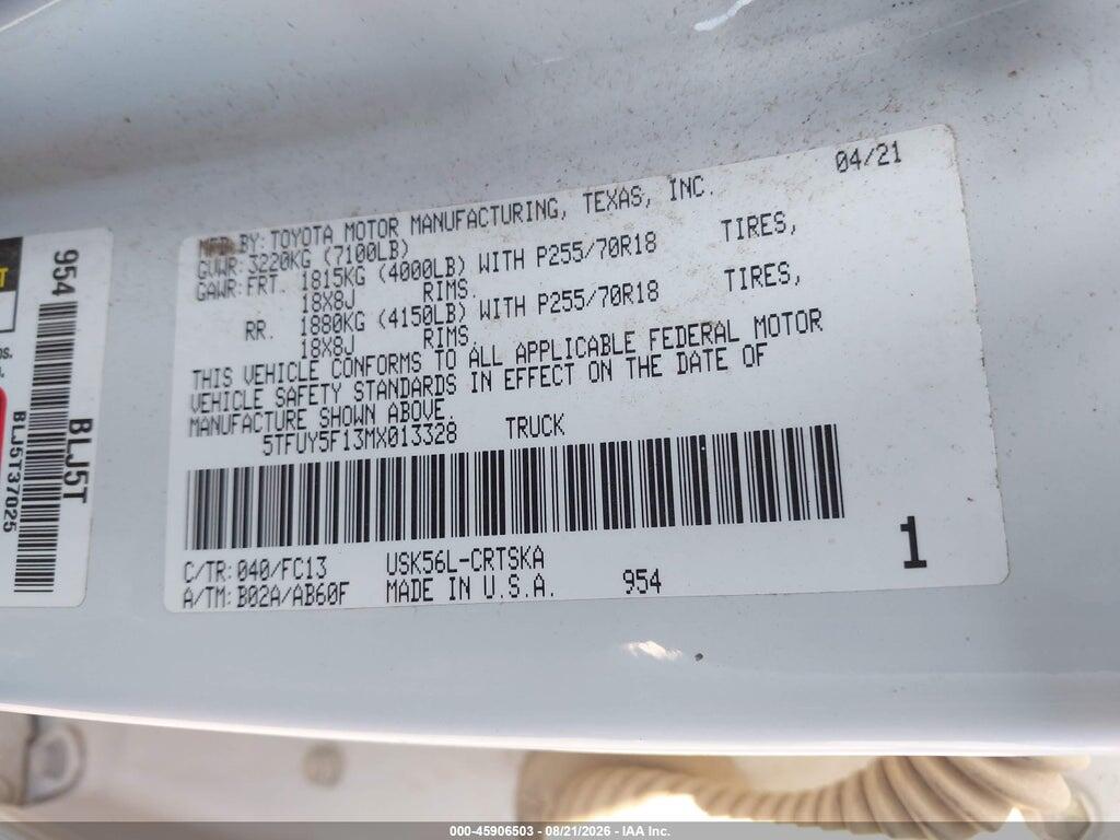 5TFUY5F13MX013328 2021 TOYOTA TUNDRA photo no. 9