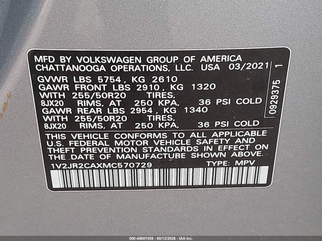1V2JR2CAXMC570729 2021 VOLKSWAGEN ATLAS photo no. 9