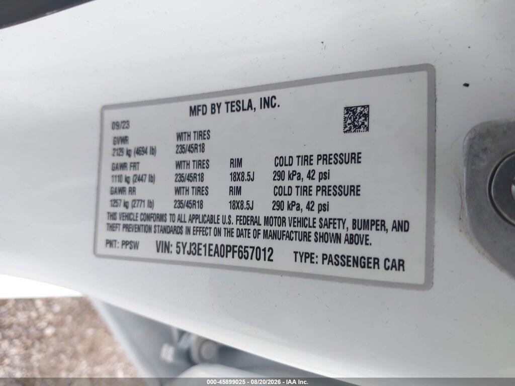 5YJ3E1EA0PF657012 2023 TESLA MODEL 3 photo no. 9