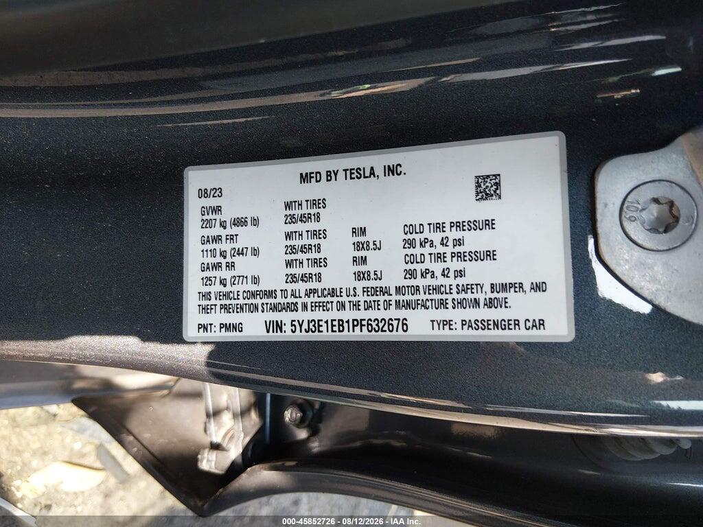5YJ3E1EB1PF632676 2023 TESLA MODEL 3 photo no. 9