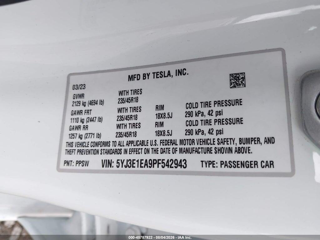 5YJ3E1EA9PF542943 2023 TESLA MODEL 3 photo no. 9