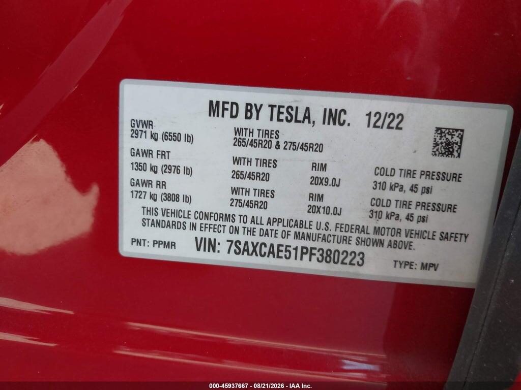 7SAXCAE51PF380223 2023 TESLA MODEL X photo no. 9