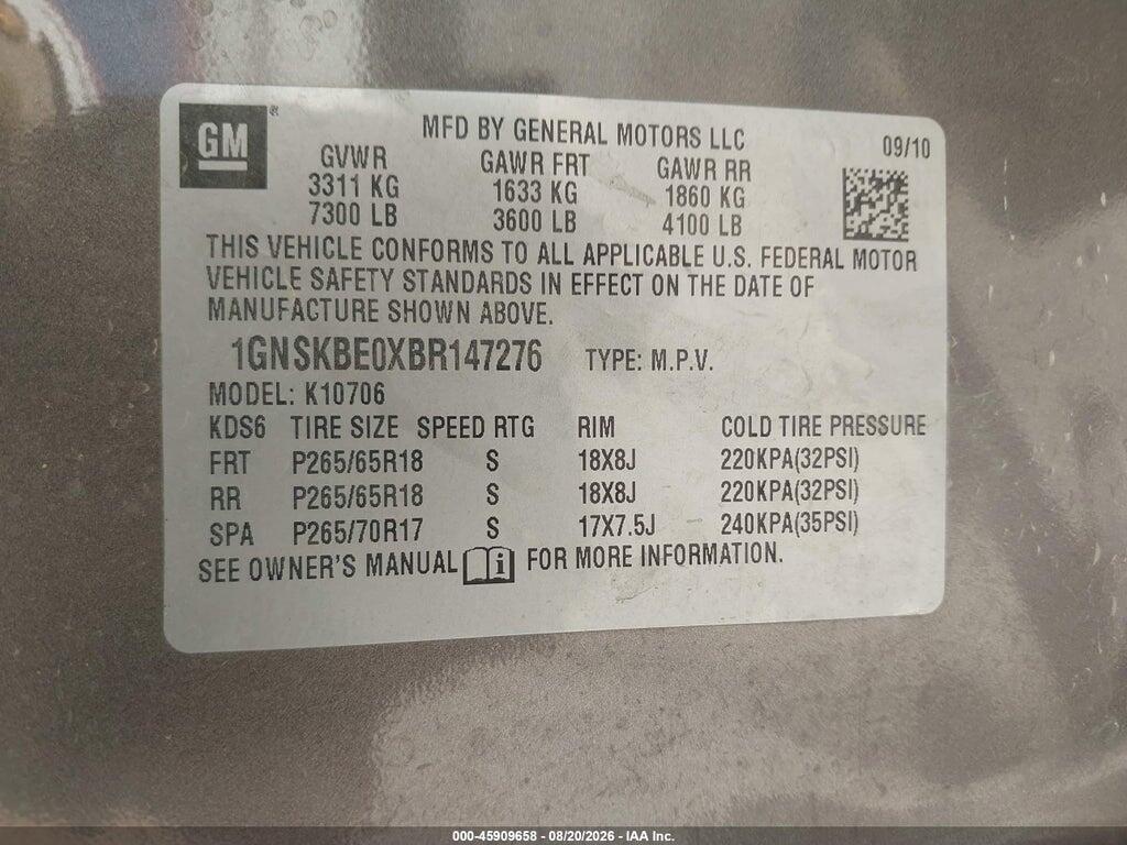 1GNSKBE0XBR147276 2011 CHEVROLET TAHOE photo no. 9