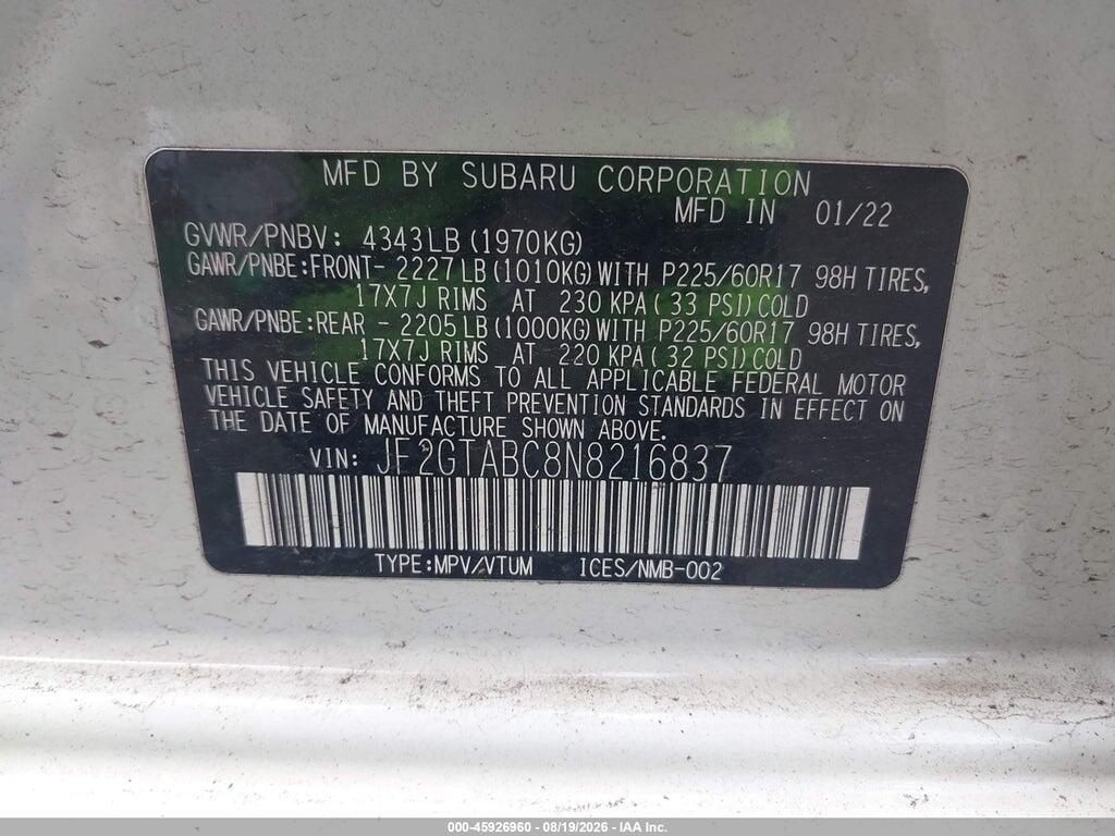 JF2GTABC8N8216837 2022 SUBARU CROSSTREK photo no. 9