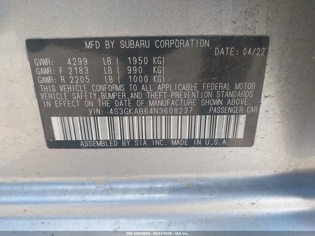 4S3GKAB64N3608237 2022 SUBARU IMPREZA photo no. 9