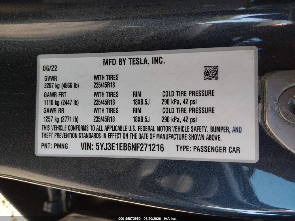 5YJ3E1EB6NF271216 2022 TESLA MODEL 3 photo no. 9