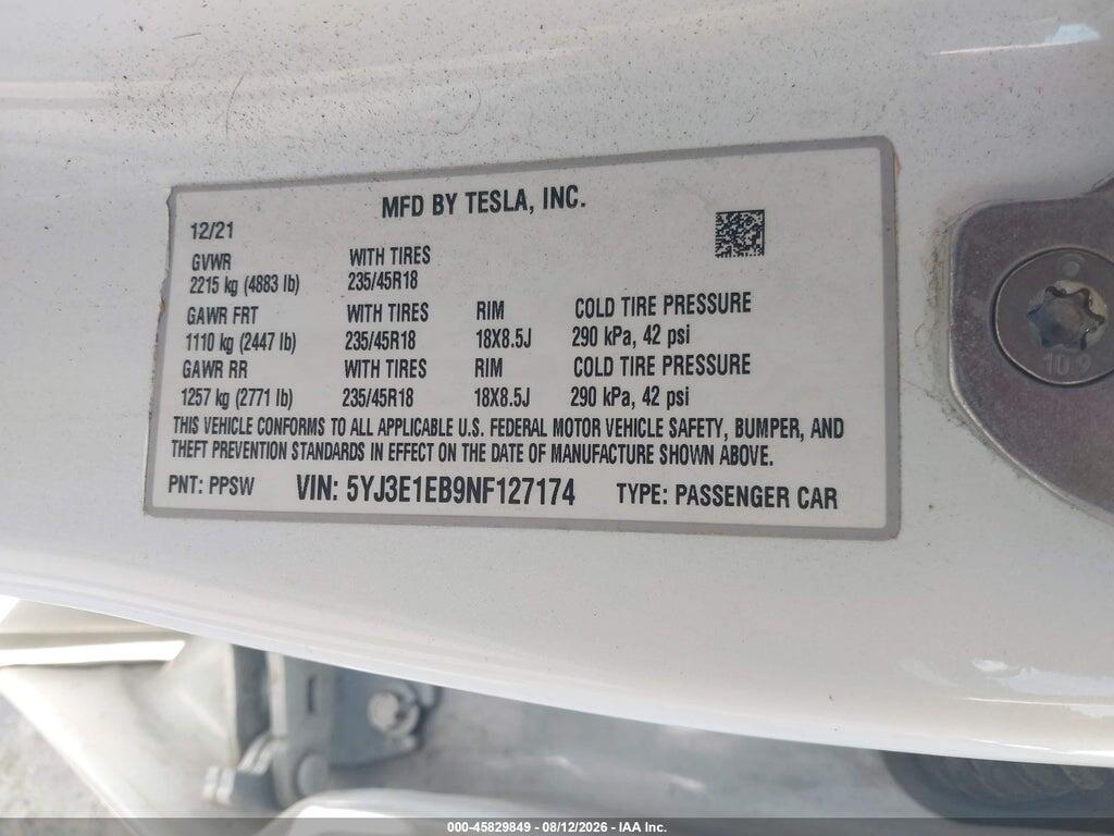 5YJ3E1EB9NF127174 2022 TESLA MODEL 3 photo no. 9
