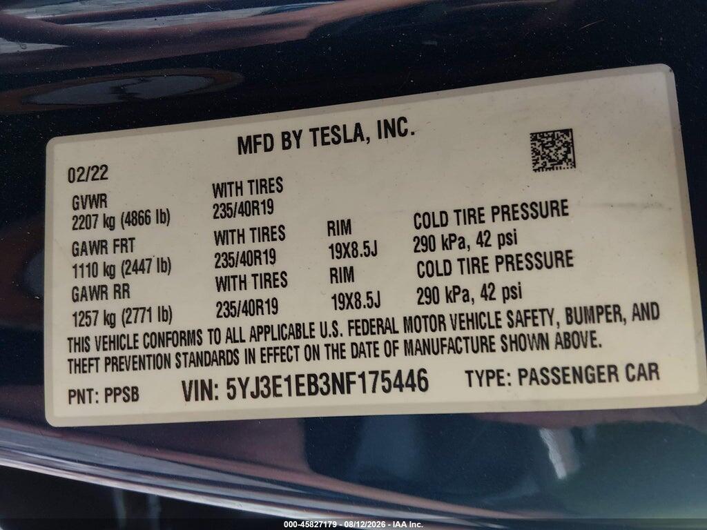 5YJ3E1EB3NF175446 2022 TESLA MODEL 3 photo no. 9