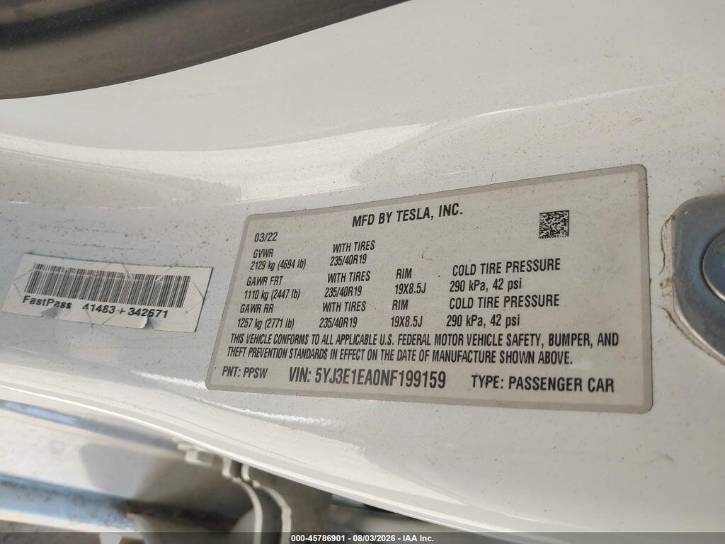5YJ3E1EA0NF199159 2022 TESLA MODEL 3 photo no. 9