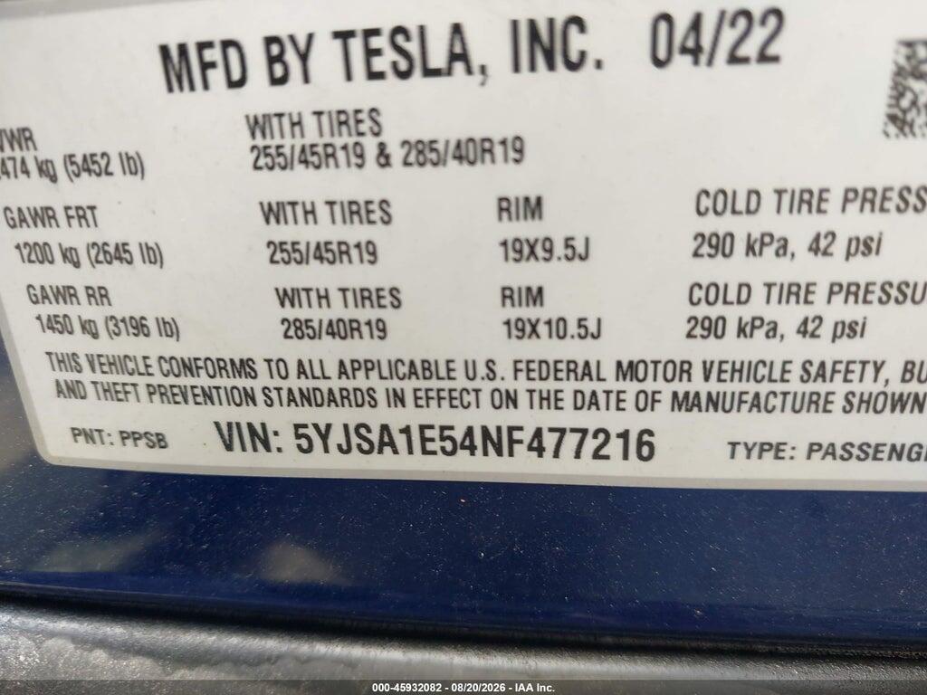 5YJSA1E54NF477216 2022 TESLA MODEL S photo no. 9