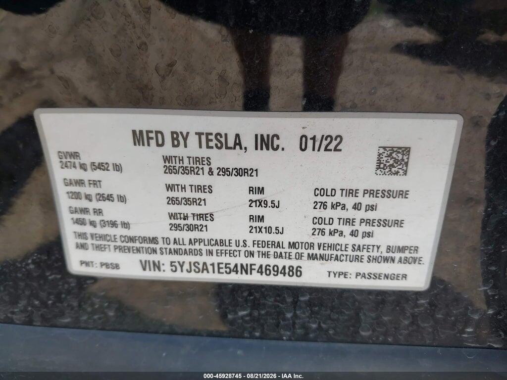 5YJSA1E54NF469486 2022 TESLA MODEL S photo no. 9