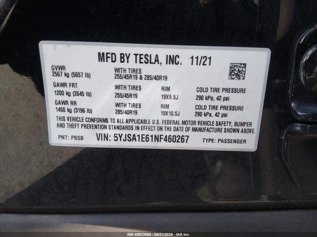 5YJSA1E61NF460267 2022 TESLA MODEL S photo no. 9