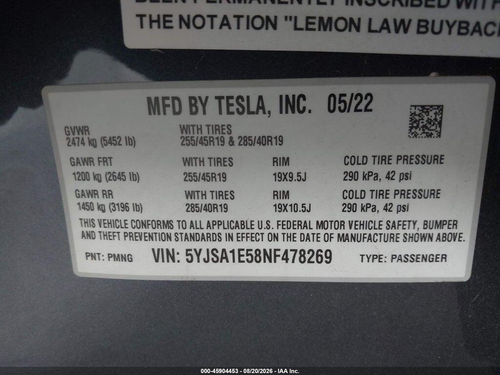 5YJSA1E58NF478269 2022 TESLA MODEL S photo no. 9