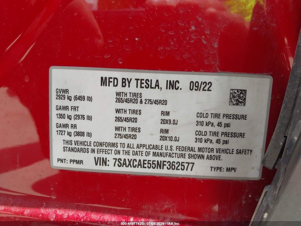 7SAXCAE55NF362577 2022 TESLA MODEL X photo no. 9