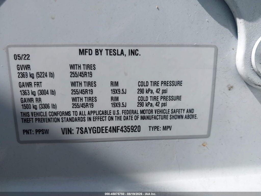 7SAYGDEE4NF435920 2022 TESLA MODEL Y photo no. 9