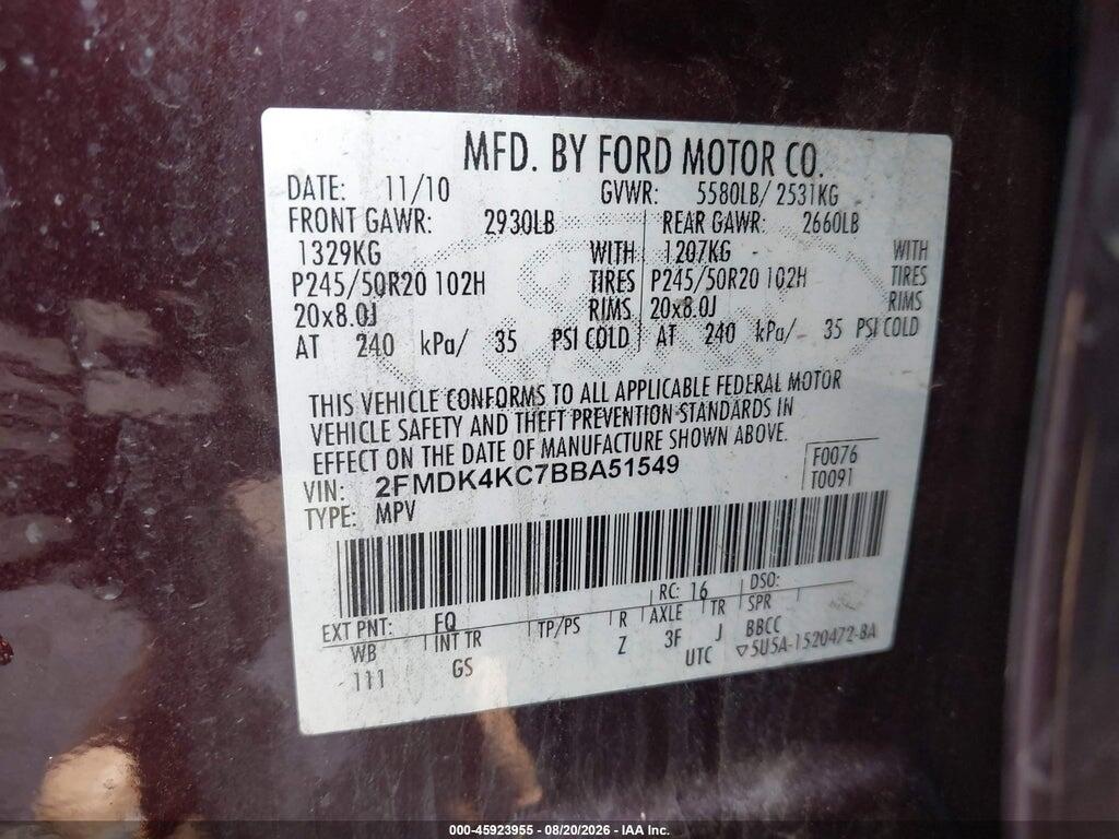 2FMDK4KC7BBA51549 2011 FORD EDGE photo no. 9