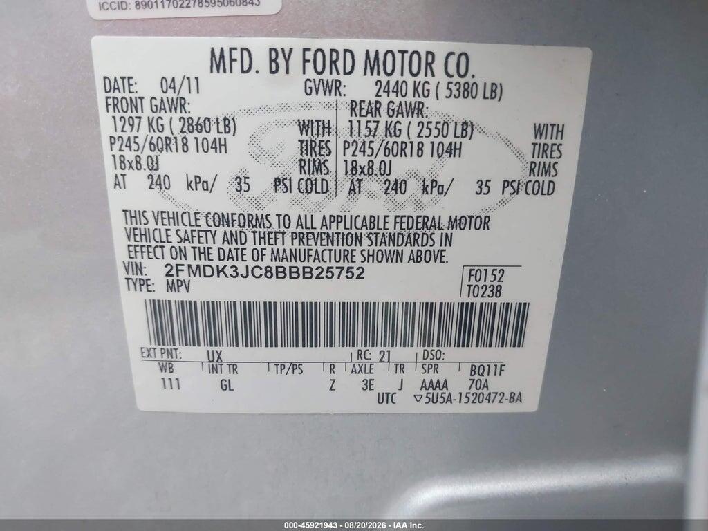 2FMDK3JC8BBB25752 2011 FORD EDGE photo no. 9