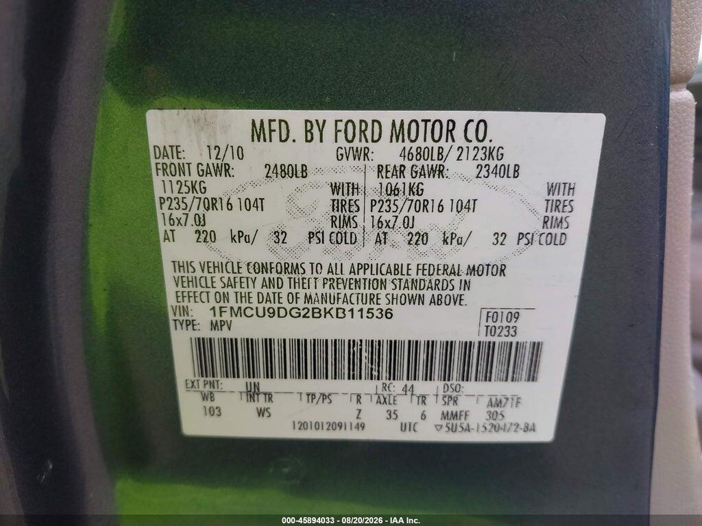 1FMCU9DG2BKB11536 2011 FORD ESCAPE photo no. 9
