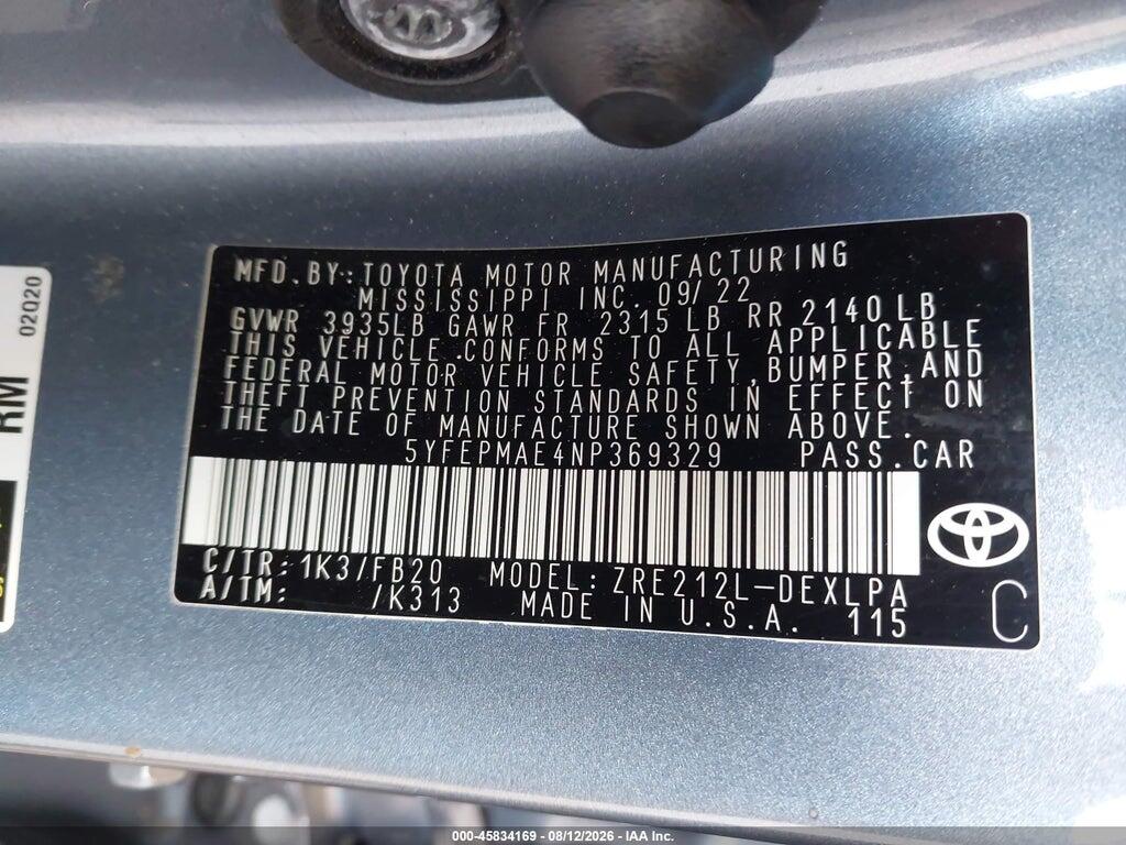 5YFEPMAE4NP369329 2022 TOYOTA COROLLA photo no. 9