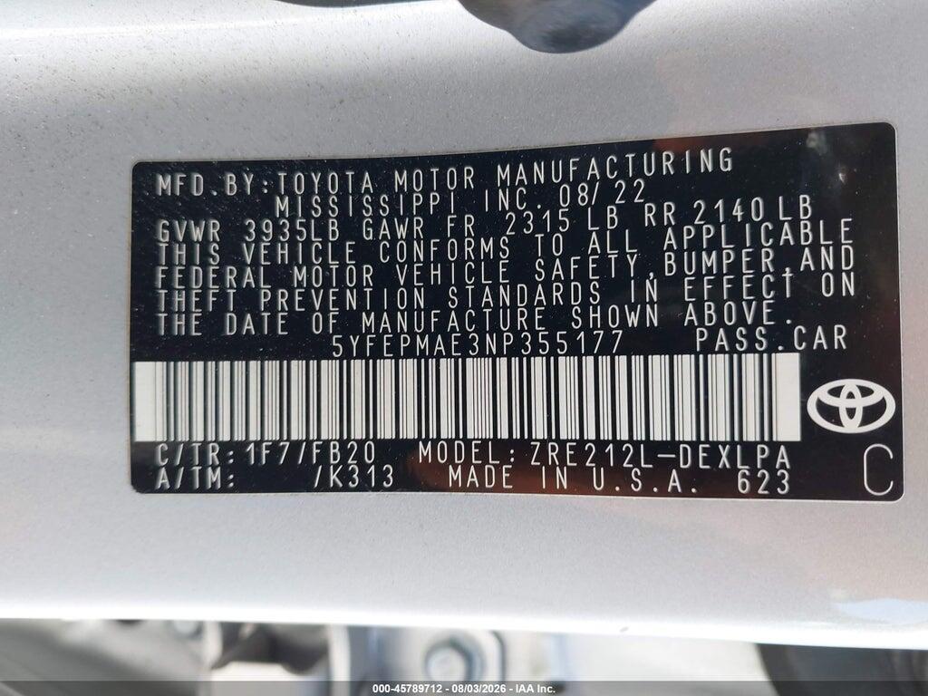5YFEPMAE3NP355177 2022 TOYOTA COROLLA photo no. 9