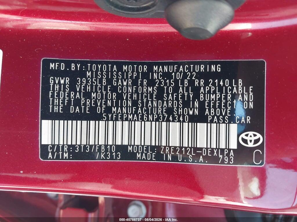 5YFEPMAE6NP374340 2022 TOYOTA COROLLA photo no. 9