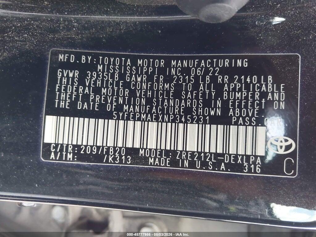 5YFEPMAEXNP345231 2022 TOYOTA COROLLA photo no. 9