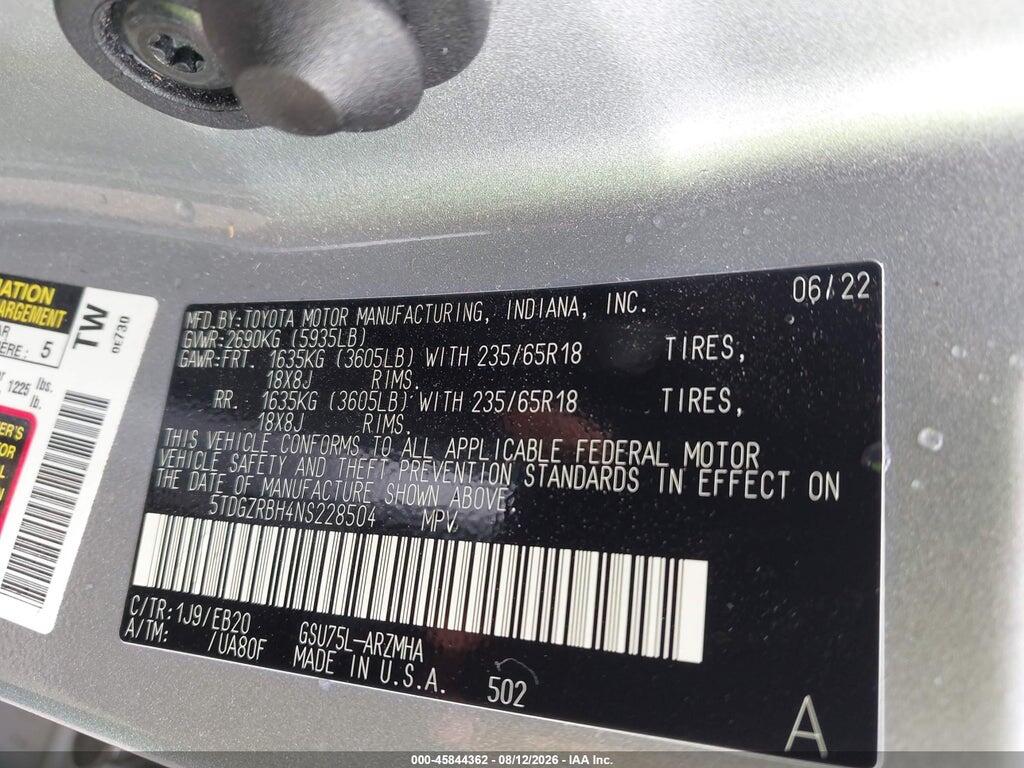 5TDGZRBH4NS228504 2022 TOYOTA HIGHLANDER photo no. 9