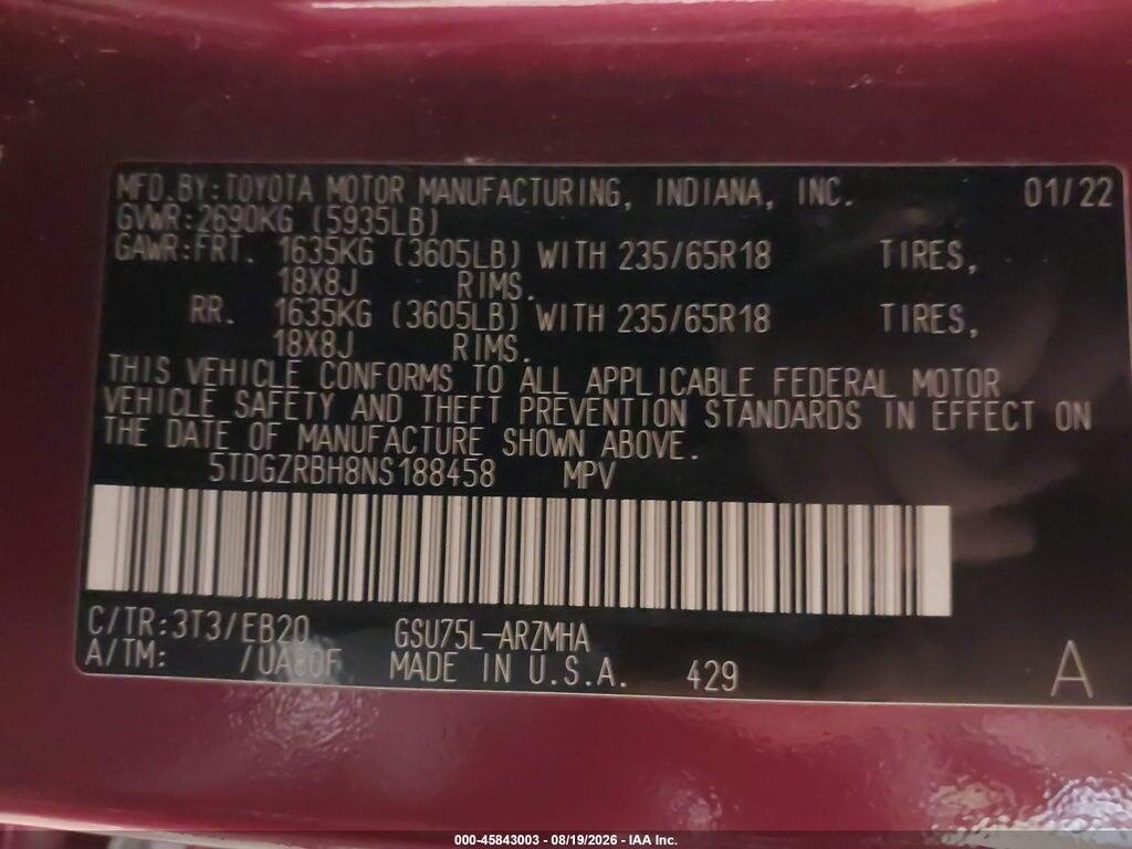 5TDGZRBH8NS188458 2022 TOYOTA HIGHLANDER photo no. 9