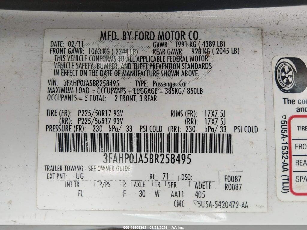 3FAHP0JA5BR258495 2011 FORD FUSION photo no. 9
