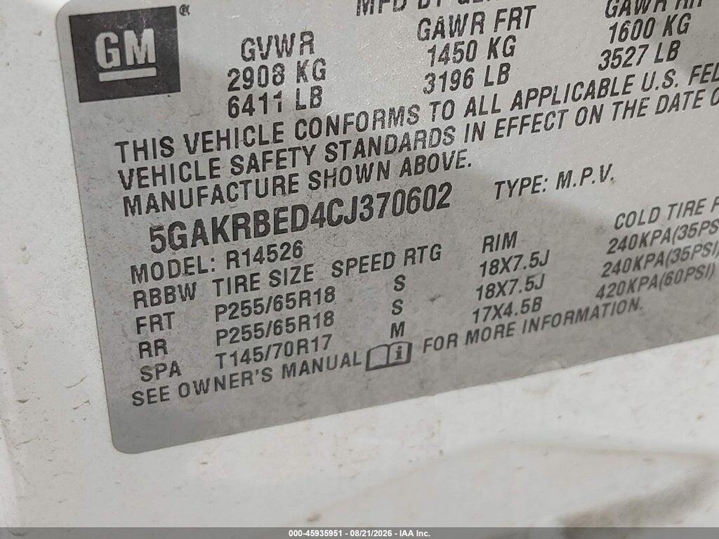 5GAKRBED4CJ370602 2012 BUICK ENCLAVE photo no. 9