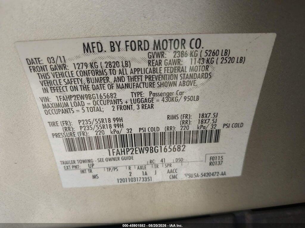 1FAHP2EW9BG165682 2011 FORD TAURUS photo no. 9
