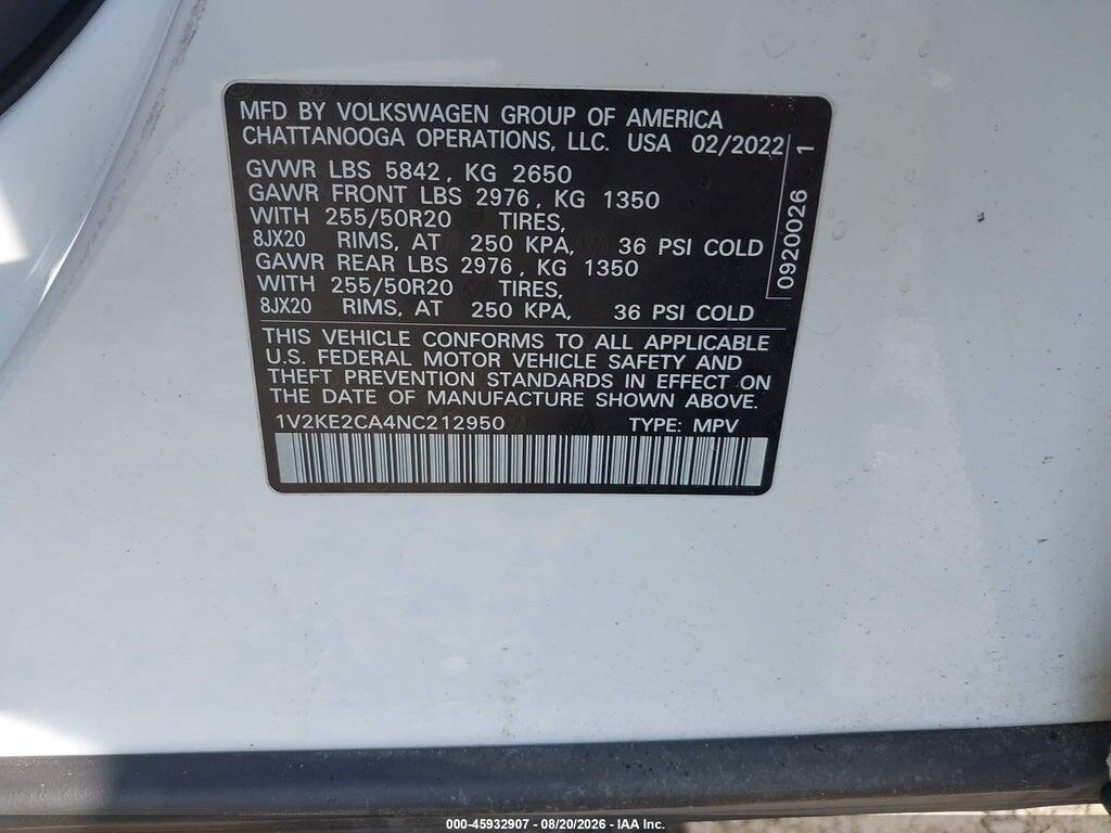 1V2KE2CA4NC212950 2022 VOLKSWAGEN ATLAS CROSS SPORT photo no. 9