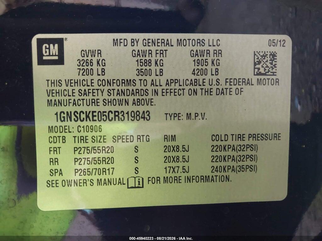 1GNSCKE05CR319843 2012 CHEVROLET SUBURBAN photo no. 9