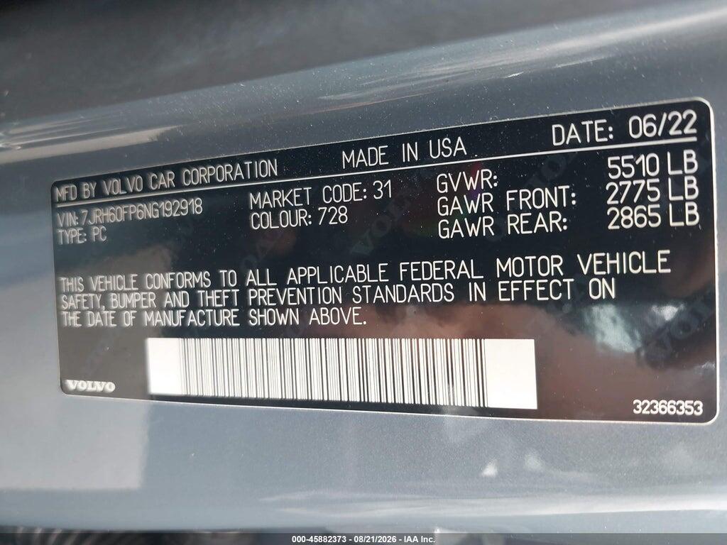 7JRH60FP6NG192918 2022 VOLVO S60 RECHARGE PLUG-IN HYBRID photo no. 9