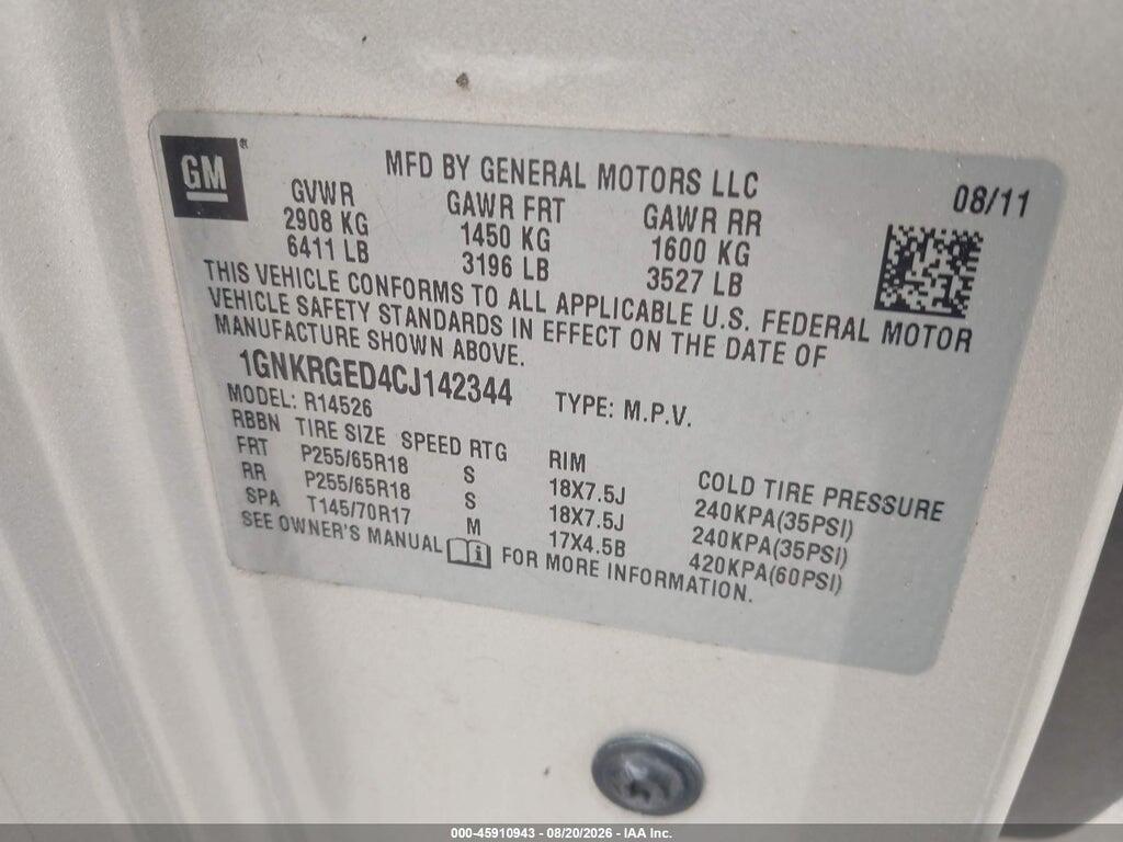 1GNKRGED4CJ142344 2012 CHEVROLET TRAVERSE photo no. 9