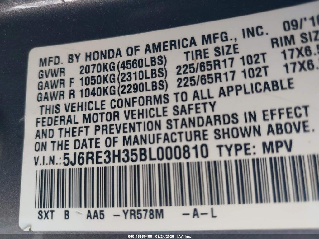 5J6RE3H35BL000810 2011 HONDA CR-V photo no. 9