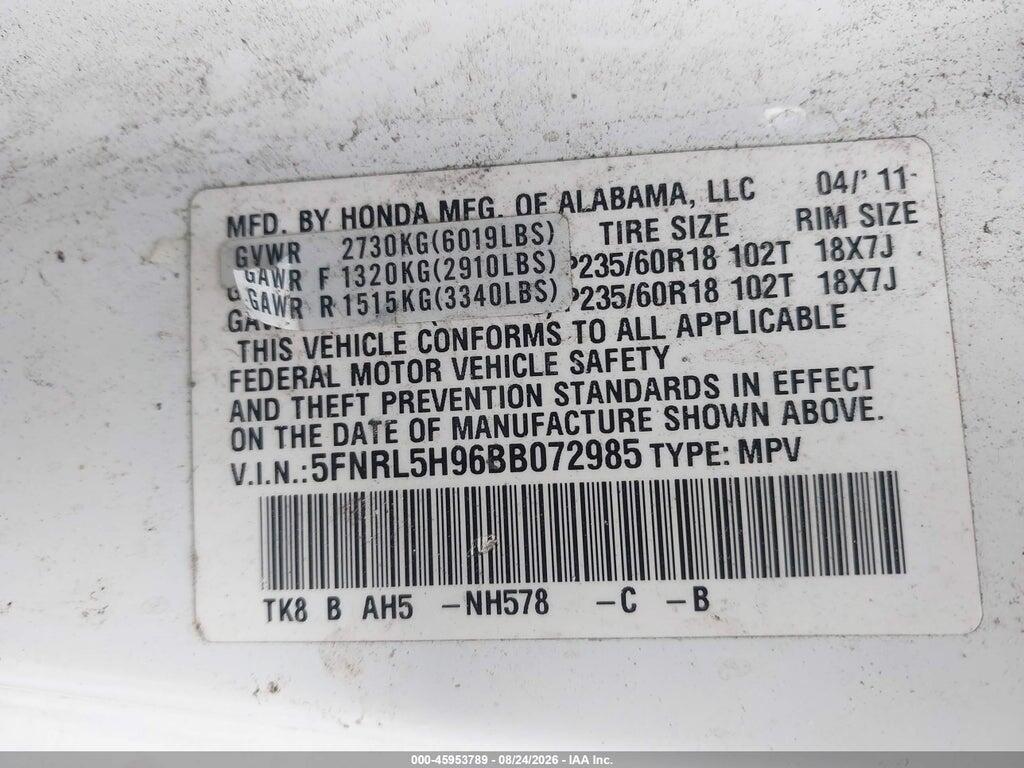 5FNRL5H96BB072985 2011 HONDA ODYSSEY photo no. 9