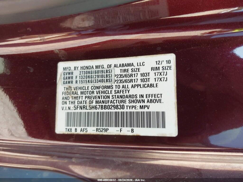 5FNRL5H67BB029830 2011 HONDA ODYSSEY photo no. 9