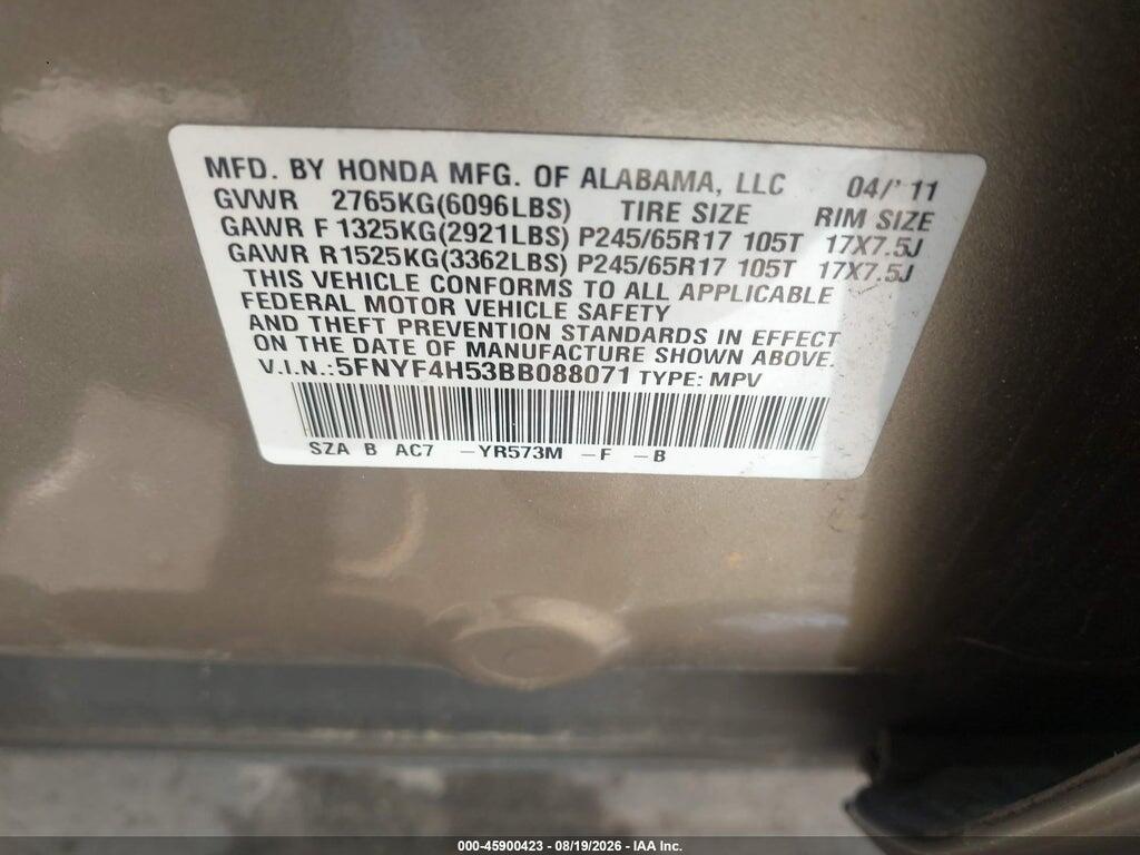 5FNYF4H53BB088071 2011 HONDA PILOT photo no. 9