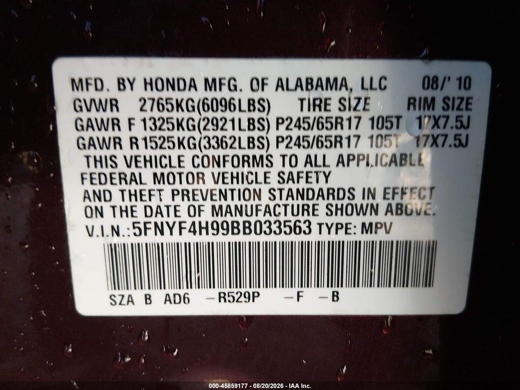 5FNYF4H99BB033563 2011 HONDA PILOT photo no. 9