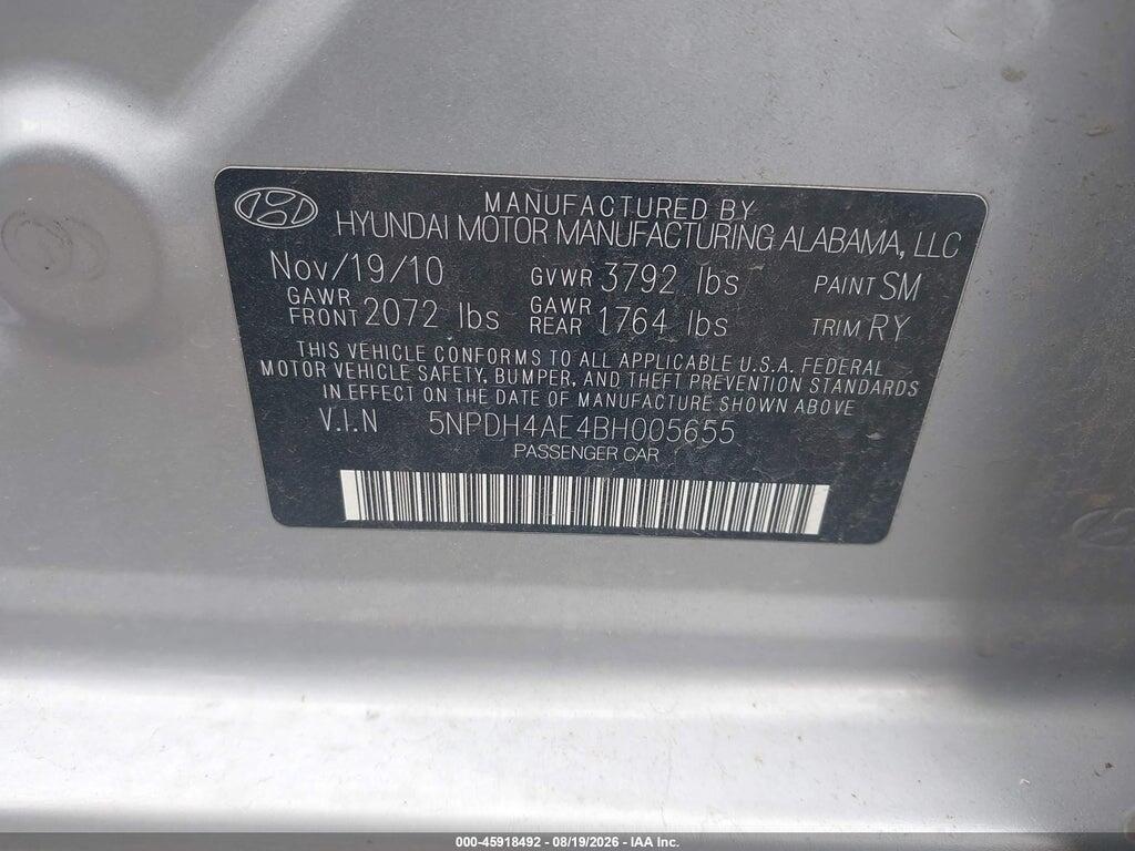 5NPDH4AE4BH005655 2011 HYUNDAI ELANTRA photo no. 9