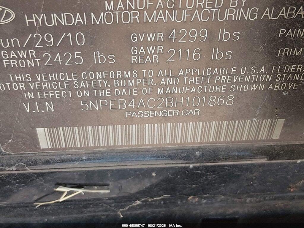5NPEB4AC2BH101868 2011 HYUNDAI SONATA photo no. 9