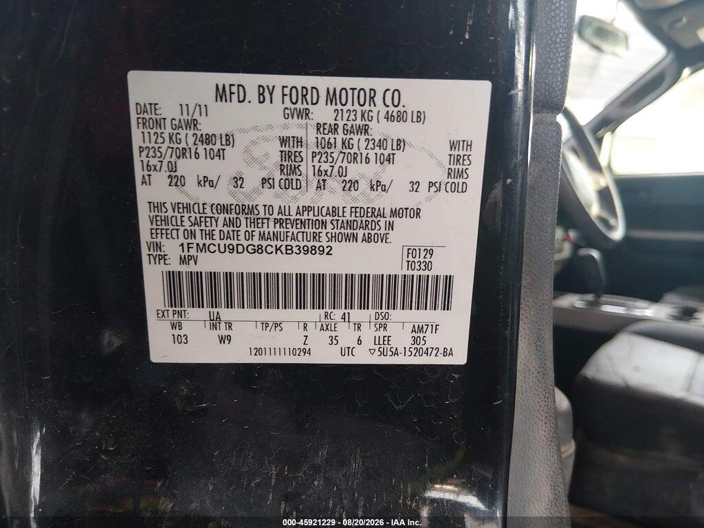 1FMCU9DG8CKB39892 2012 FORD ESCAPE photo no. 9