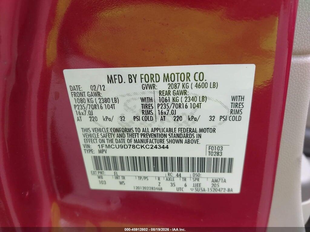 1FMCU9D78CKC24344 2012 FORD ESCAPE photo no. 9