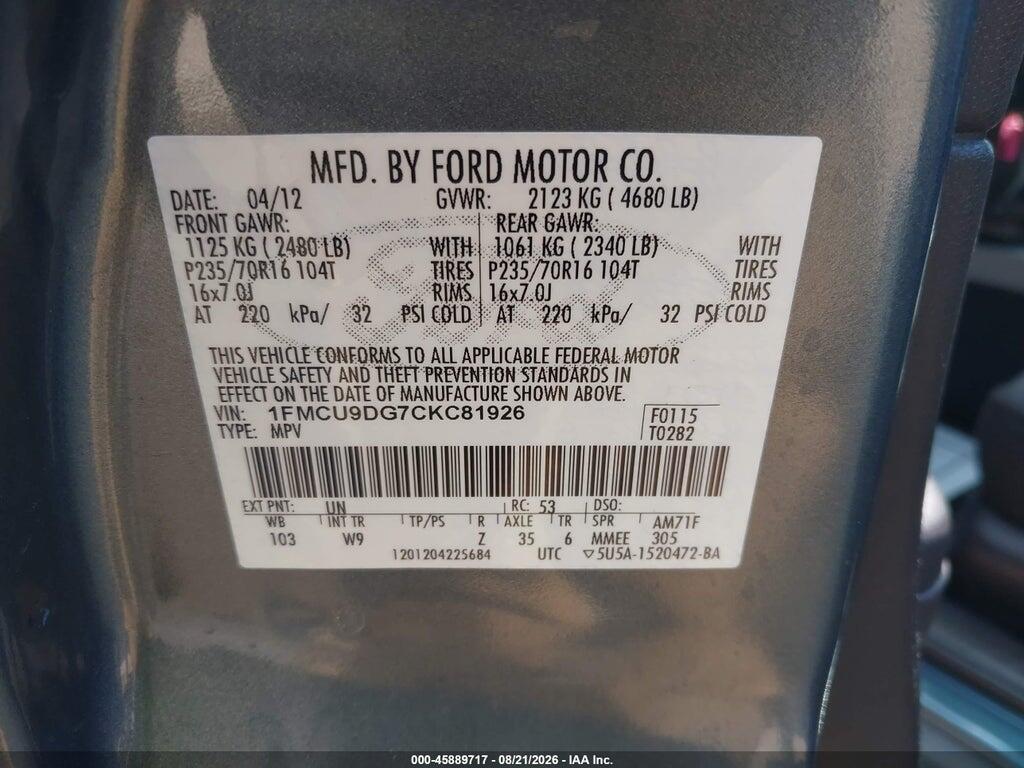 1FMCU9DG7CKC81926 2012 FORD ESCAPE photo no. 9