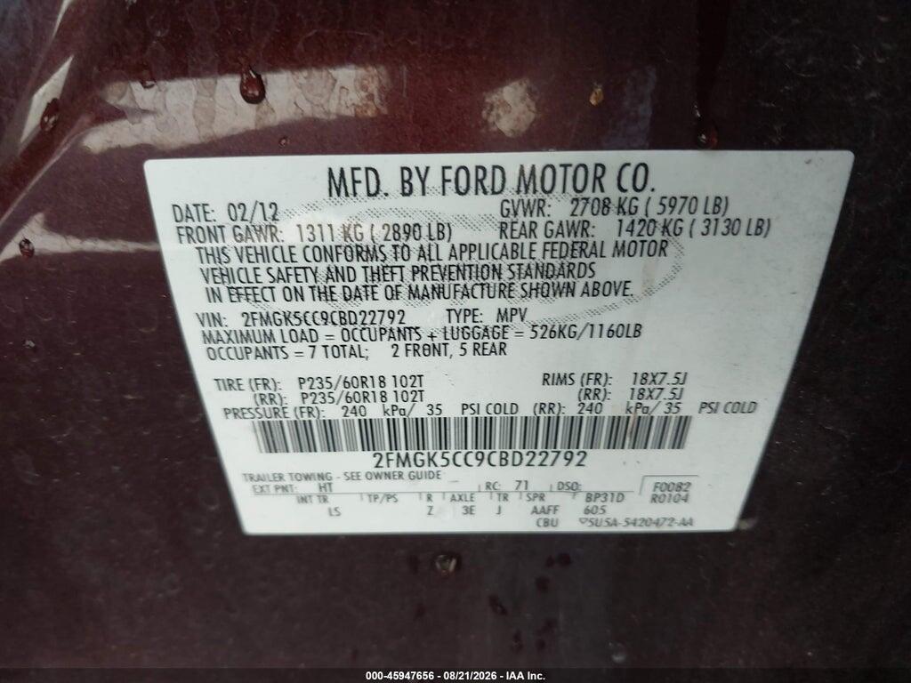 2FMGK5CC9CBD22792 2012 FORD FLEX photo no. 9